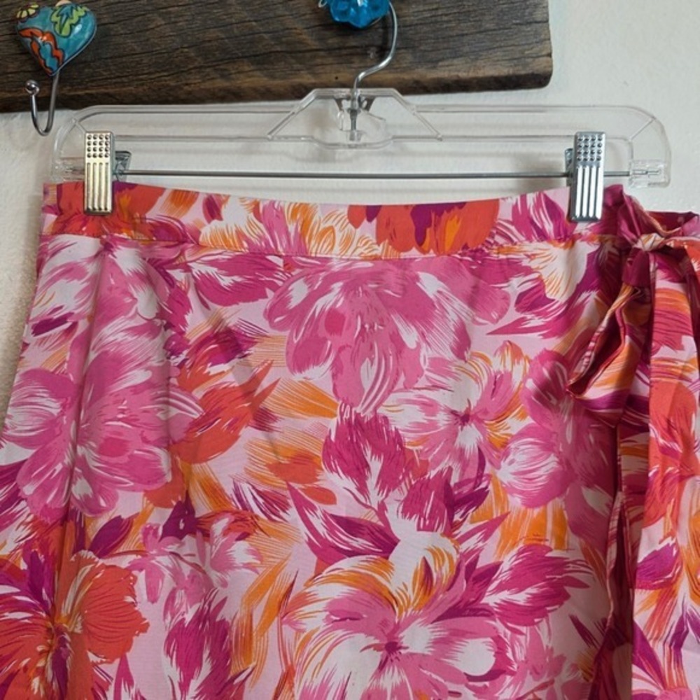 She + Sky Wrap Skirt XL Pink Orange Tropical Floral Ruffle Midi Garden Party - Picture 10 of 16